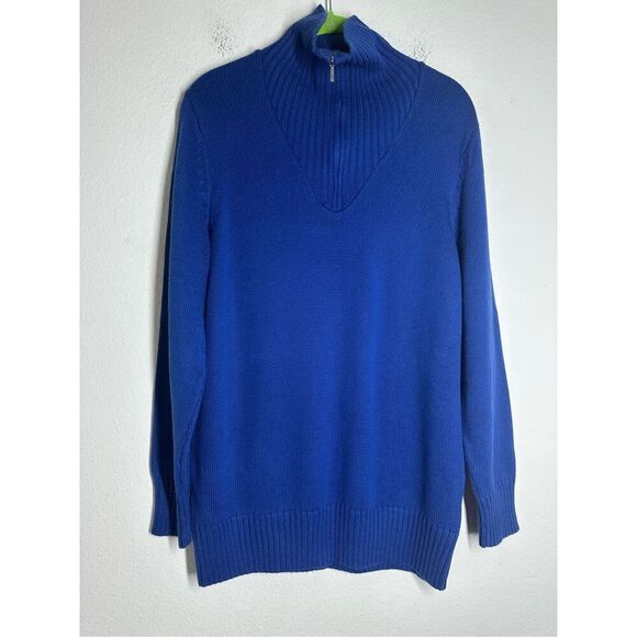 Collection L Women’s Turtleneck 1/3 Zip Cotton Blend Knit Sweater Size 10 Blue - Picture 1 of 13